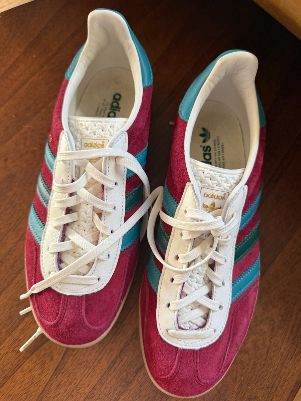 adidas Burgundy Suede Gazelle Sneakers with Teal Stripes